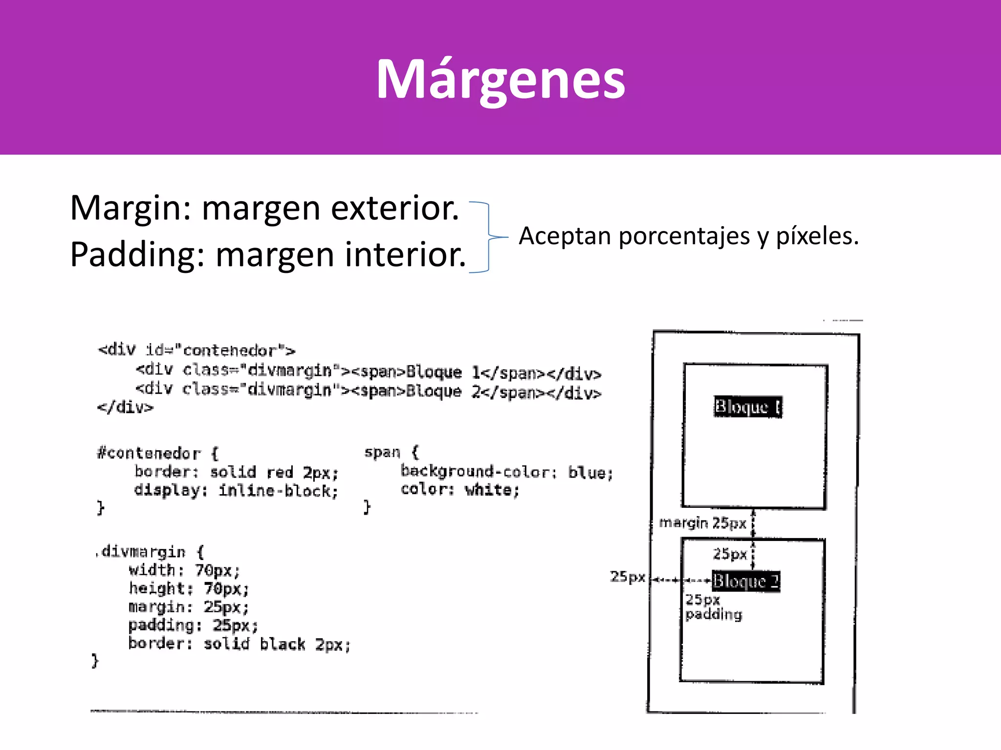 Márgenes
Margin: margen exterior.
Padding: margen interior.
Aceptan porcentajes y píxeles.
 