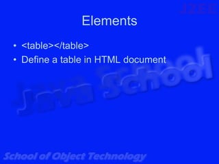 Elements
• <table></table>
• Define a table in HTML document
 