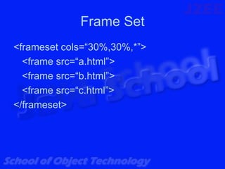 Frame Set
<frameset cols=“30%,30%,*”>
  <frame src=“a.html”>
  <frame src=“b.html”>
  <frame src=“c.html”>
</frameset>
 