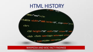 HTML HISTORY
WIKIPEDIA AND W3C FACT FINDINGS
 