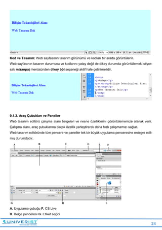 24
Kod ve Tasarım: Web sayfasının tasarım görünümü ve kodları bir arada görüntülenir.
Web sayfasının tasarım durumunu ve kodlarını yatay değil de dikey durumda görüntülemek istiyor-
sak mizanpaj menüsünden dikey böl seçeneği aktif hale getirilmelidir.
9.1.3. Araç Çubukları ve Paneller
Web tasarım editörü çalışma alanı belgeleri ve nesne özelliklerini görüntülememize olanak verir.
Çalışma alanı, araç çubuklarına birçok özellik yerleştirerek daha hızlı çalışmamızı sağlar.
Web tasarım editöründe tüm pencere ve paneller tek bir büyük uygulama penceresine entegre edil-
miş durumdadır.
A. Uygulama çubuğu F. CS Live
B. Belge penceresi G. Etiket seçici
 