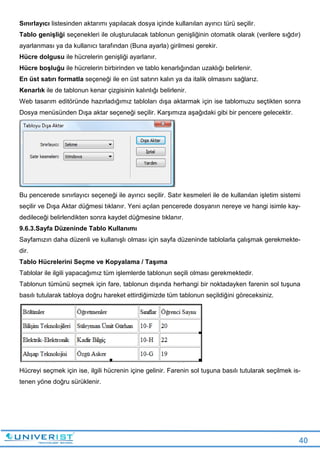 40
Sınırlayıcı listesinden aktarımı yapılacak dosya içinde kullanılan ayırıcı türü seçilir.
Tablo genişliği seçenekleri ile oluşturulacak tablonun genişliğinin otomatik olarak (verilere sığdır)
ayarlanması ya da kullanıcı tarafından (Buna ayarla) girilmesi gerekir.
Hücre dolgusu ile hücrelerin genişliği ayarlanır.
Hücre boşluğu ile hücrelerin birbirinden ve tablo kenarlığından uzaklığı belirlenir.
En üst satırı formatla seçeneği ile en üst satırın kalın ya da italik olmasını sağlarız.
Kenarlık ile de tablonun kenar çizgisinin kalınlığı belirlenir.
Web tasarım editöründe hazırladığımız tabloları dışa aktarmak için ise tablomuzu seçtikten sonra
Dosya menüsünden Dışa aktar seçeneği seçilir. Karşımıza aşağıdaki gibi bir pencere gelecektir.
Bu pencerede sınırlayıcı seçeneği ile ayırıcı seçilir. Satır kesmeleri ile de kullanılan işletim sistemi
seçilir ve Dışa Aktar düğmesi tıklanır. Yeni açılan pencerede dosyanın nereye ve hangi isimle kay-
dedileceği belirlendikten sonra kaydet düğmesine tıklanır.
9.6.3.Sayfa Düzeninde Tablo Kullanımı
Sayfamızın daha düzenli ve kullanışlı olması için sayfa düzeninde tablolarla çalışmak gerekmekte-
dir.
Tablo Hücrelerini Seçme ve Kopyalama / Taşıma
Tablolar ile ilgili yapacağımız tüm işlemlerde tablonun seçili olması gerekmektedir.
Tablonun tümünü seçmek için fare, tablonun dışında herhangi bir noktadayken farenin sol tuşuna
basılı tutularak tabloya doğru hareket ettirdiğimizde tüm tablonun seçildiğini göreceksiniz.
Hücreyi seçmek için ise, ilgili hücrenin içine gelinir. Farenin sol tuşuna basılı tutularak seçilmek is-
tenen yöne doğru sürüklenir.
 