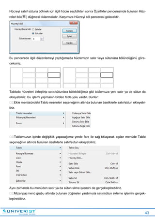 43
Hücreyi satır/ sütuna bölmek için ilgili hücre seçildikten sonra Özellikler penceresinde bulunan Hüc-
releri böl( ) düğmesi tıklanmalıdır. Karşımıza Hücreyi böl penceresi gelecektir.
Bu pencerede ilgili düzenlemeyi yaptığımızda hücremizin satır veya sütunlara bölündüğünü göre-
ceksiniz.
Tabloda hücreleri birleştirip satır/sütunlara bölebildiğimiz gibi tablomuza yeni satır ya da sütun da
ekleyebiliriz. Bu işlemi yapmanın birden fazla yolu vardır. Bunlar:
liriz.
seçeneğinin altında bulunan özeliklerle satır/sütun ekleyebiliriz.
Aynı zamanda bu menüden satır ya da sütun silme işlemini de gerçekleştirebiliriz.
leştirebiliriz.
 