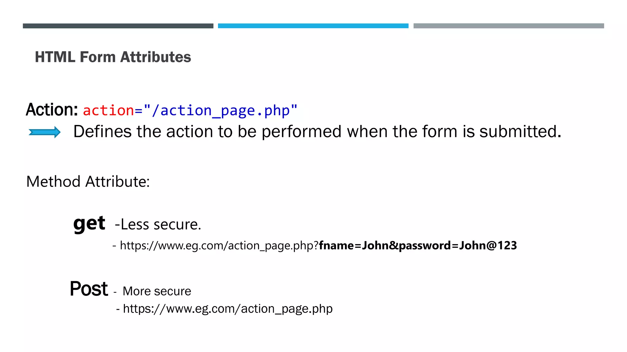 HTML Form Attributes
Action: action="/action_page.php"
Defines the action to be performed when the form is submitted.
Method Attribute:
get -Less secure.
- https://www.eg.com/action_page.php?fname=John&password=John@123
Post - More secure
- https://www.eg.com/action_page.php
 