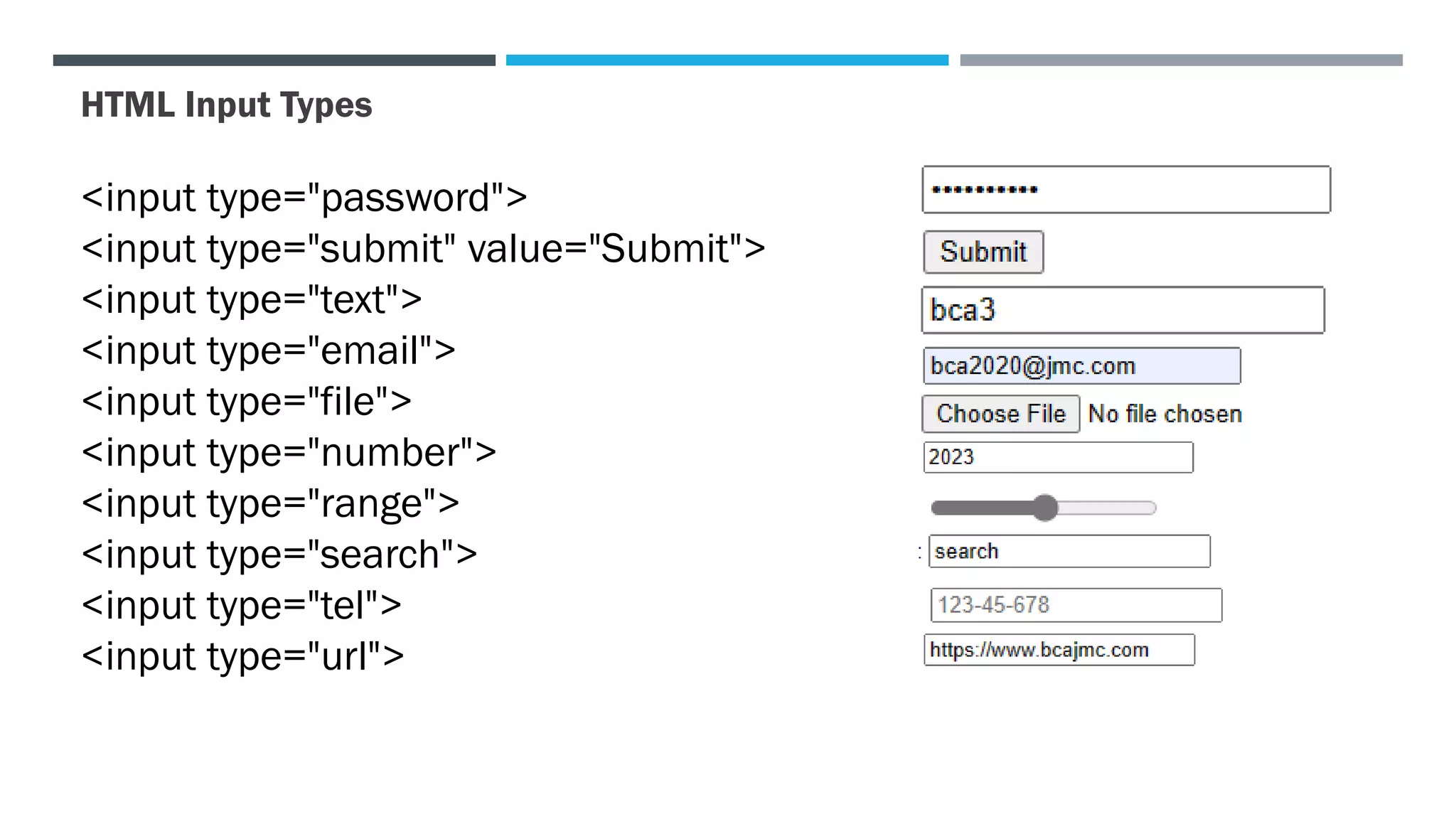 HTML Input Types
<input type="password">
<input type="submit" value="Submit">
<input type="text">
<input type="email">
<input type="file">
<input type="number">
<input type="range">
<input type="search">
<input type="tel">
<input type="url">
 