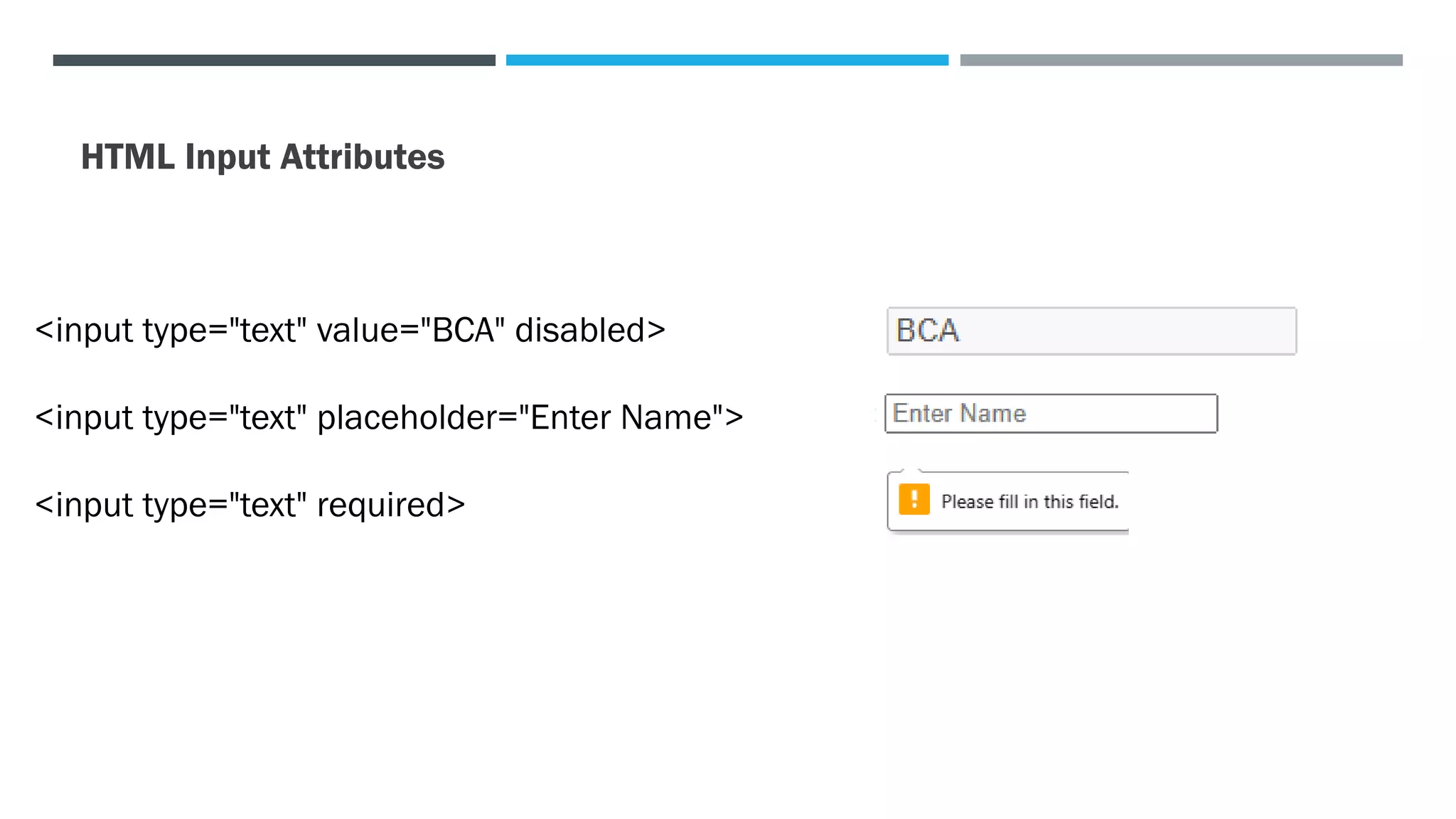 HTML Input Attributes
<input type="text" value="BCA" disabled>
<input type="text" placeholder="Enter Name">
<input type="text" required>
 