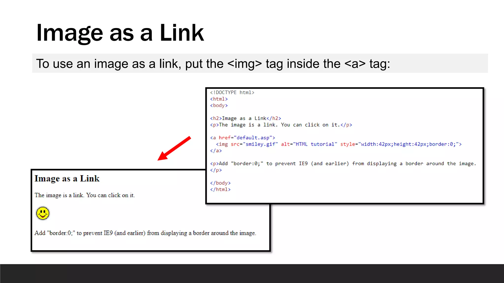Image as a Link
To use an image as a link, put the <img> tag inside the <a> tag:
 