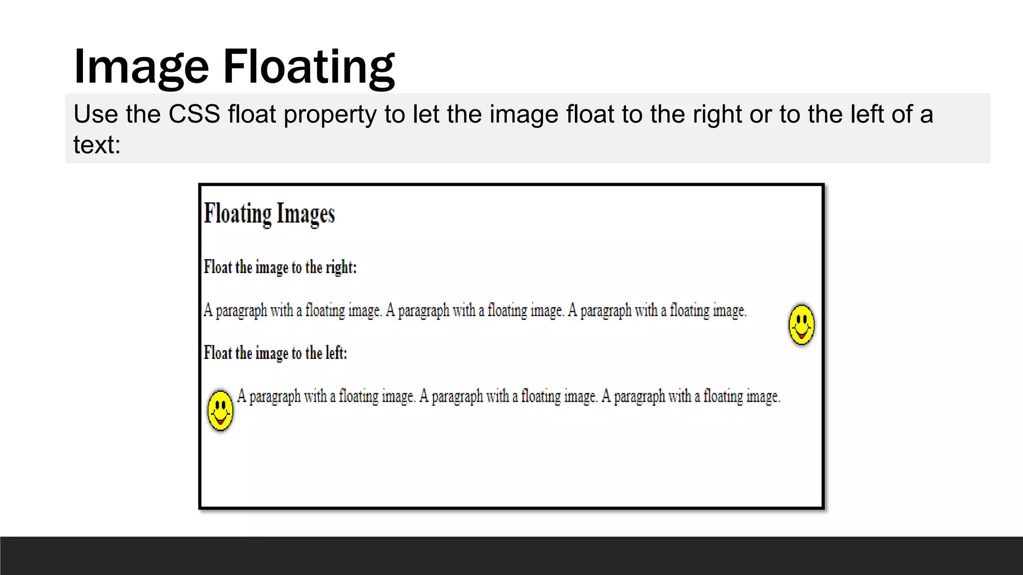 Image Floating
Use the CSS float property to let the image float to the right or to the left of a
text:
 