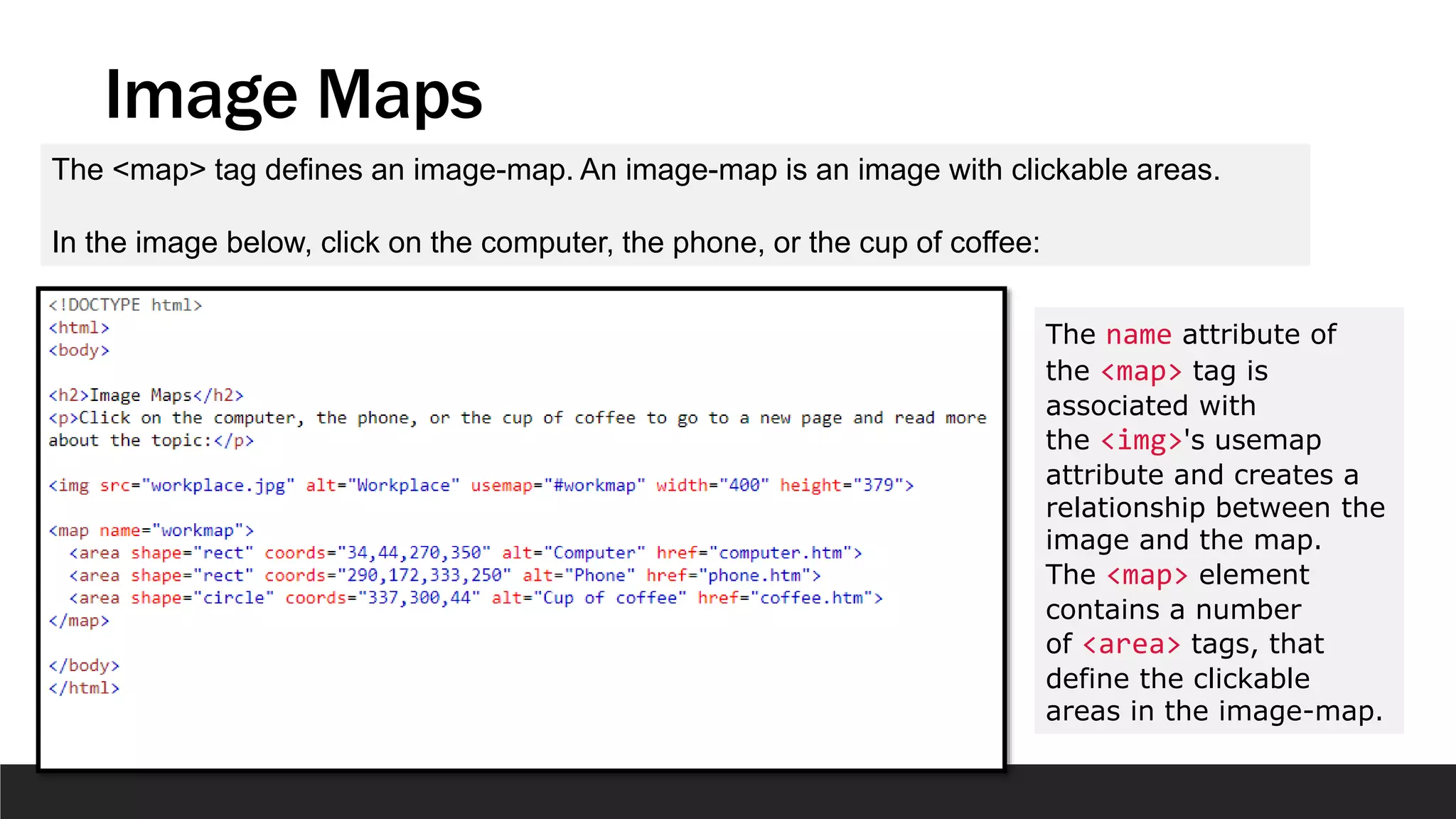 Image Maps
The <map> tag defines an image-map. An image-map is an image with clickable areas.
In the image below, click on the computer, the phone, or the cup of coffee:
The name attribute of
the <map> tag is
associated with
the <img>'s usemap
attribute and creates a
relationship between the
image and the map.
The <map> element
contains a number
of <area> tags, that
define the clickable
areas in the image-map.
 
