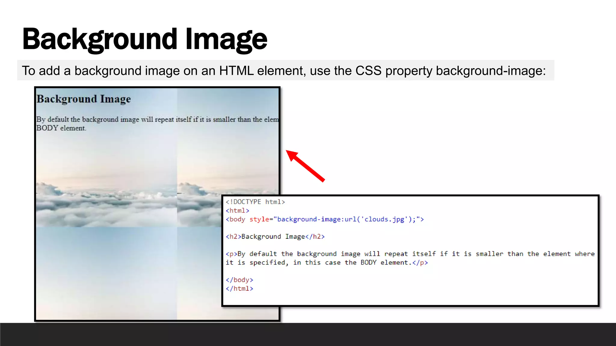 Background Image
To add a background image on an HTML element, use the CSS property background-image:
 