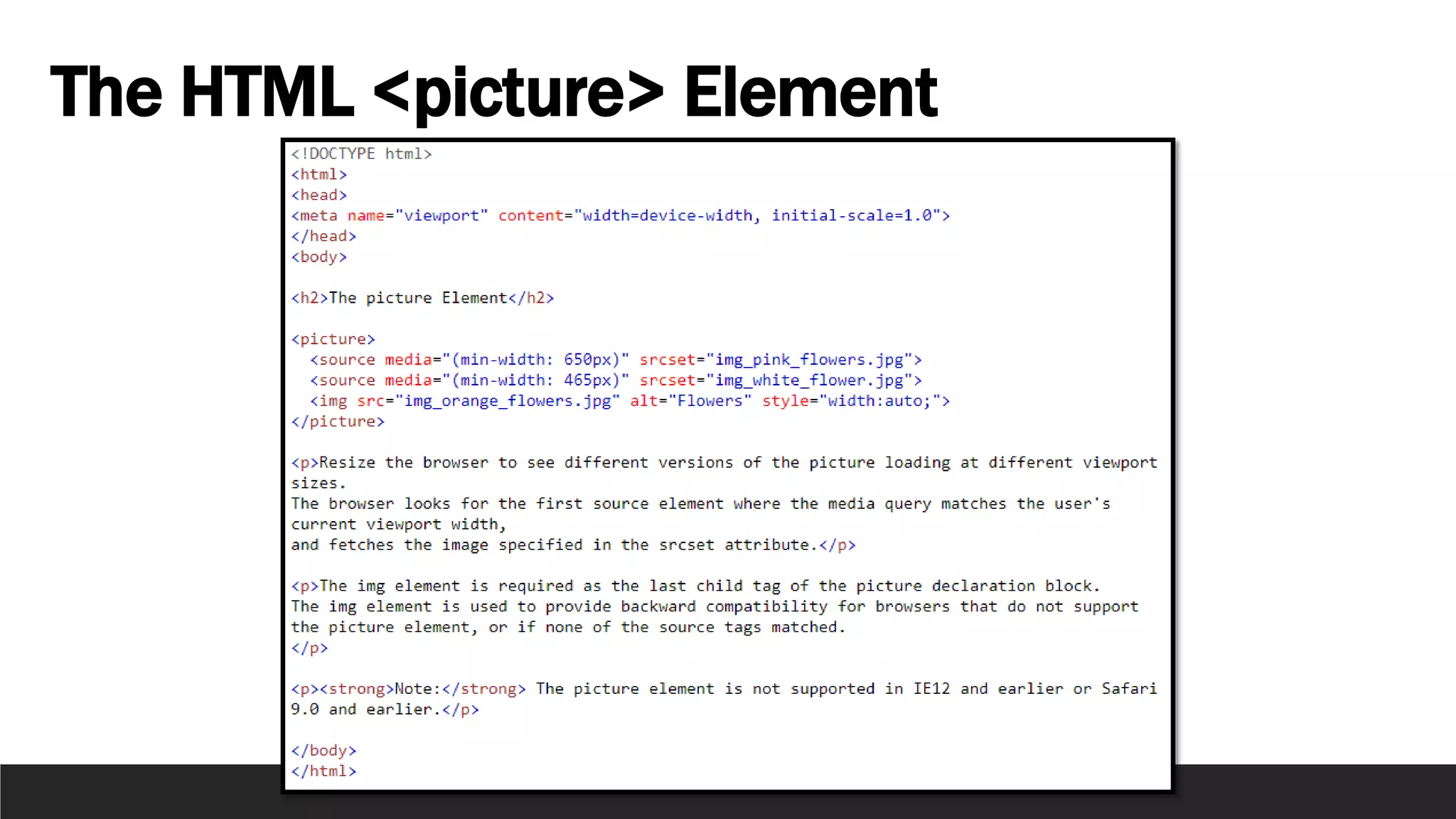 The HTML <picture> Element
 
