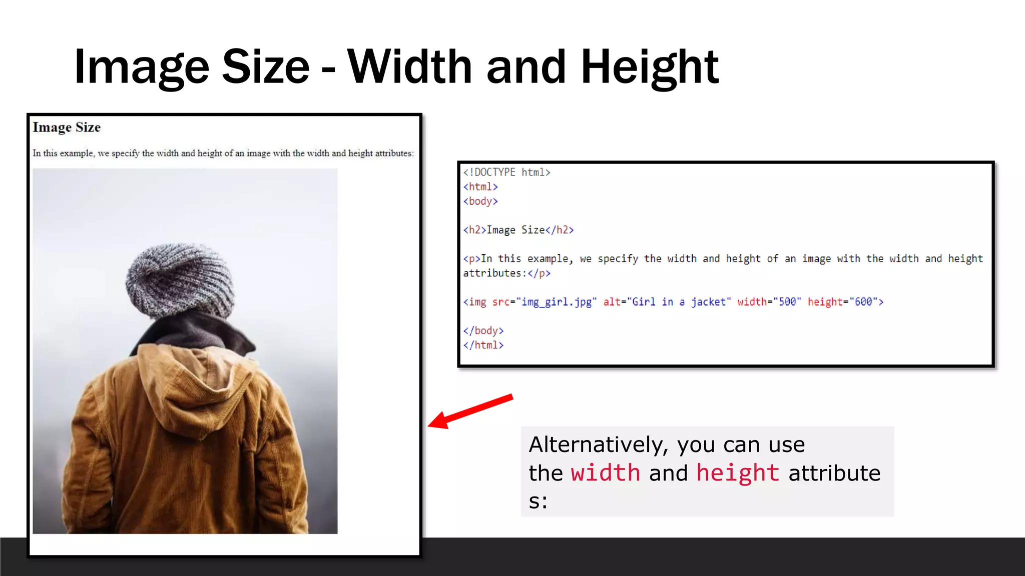Image Size - Width and Height
Alternatively, you can use
the width and height attribute
s:
 