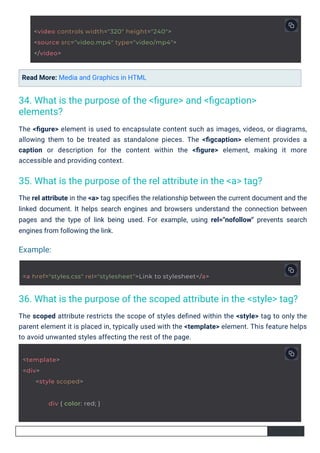 Read More: Media and Graphics in HTML
The scoped attribute restricts the scope of styles deﬁned within the <style> tag to only the
parent element it is placed in, typically used with the <template> element. This feature helps
to avoid unwanted styles affecting the rest of the page.
The rel attribute in the <a> tag speciﬁes the relationship between the current document and the
linked document. It helps search engines and browsers understand the connection between
pages and the type of link being used. For example, using rel="nofollow" prevents search
engines from following the link.
The <ﬁgure> element is used to encapsulate content such as images, videos, or diagrams,
allowing them to be treated as standalone pieces. The <ﬁgcaption> element provides a
caption or description for the content within the <ﬁgure> element, making it more
accessible and providing context.
34. What is the purpose of the <ﬁgure> and <ﬁgcaption>
elements?
35. What is the purpose of the rel attribute in the <a> tag?
36. What is the purpose of the scoped attribute in the <style> tag?
Example:
<template>
<div>
<style scoped>
div { color: red; }
<video controls width="320" height="240">
<source src="video.mp4" type="video/mp4">
</video>
<a href="styles.css" rel="stylesheet">Link to stylesheet</a>
 