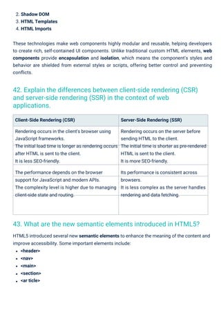 2. Shadow DOM
3. HTML Templates
4. HTML Imports
Client-Side Rendering (CSR)
Rendering occurs in the client's browser using
JavaScript frameworks.
The initial load time is longer as rendering occurs
after HTML is sent to the client.
It is less SEO-friendly.
The performance depends on the browser
support for JavaScript and modern APIs.
The complexity level is higher due to managing
client-side state and routing.
Server-Side Rendering (SSR)
Rendering occurs on the server before
sending HTML to the client.
The initial time is shorter as pre-rendered
HTML is sent to the client.
It is more SEO-friendly.
Its performance is consistent across
browsers.
It is less complex as the server handles
rendering and data fetching.
HTML5 introduced several new semantic elements to enhance the meaning of the content and
improve accessibility. Some important elements include:
<header>
<nav>
<main>
<section>
<ar ticle>
These technologies make web components highly modular and reusable, helping developers
to create rich, self-contained UI components. Unlike traditional custom HTML elements, web
components provide encapsulation and isolation, which means the component’s styles and
behavior are shielded from external styles or scripts, offering better control and preventing
conﬂicts.
43. What are the new semantic elements introduced in HTML5?
42. Explain the differences between client-side rendering (CSR)
and server-side rendering (SSR) in the context of web
applications.
 