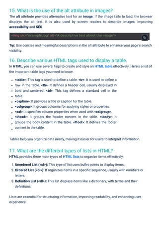 15. What is the use of the alt attribute in images?
The alt attribute provides alternative text for an image. If the image fails to load, the browser
displays the alt text. It is also used by screen readers to describe images, improving
accessibility and SEO.
17. What are the different types of lists in HTML?
HTML provides three main types of HTML lists to organize items effectively:
16. Describe various HTML tags used to display a table.
In HTML, you can use several tags to create and style an HTML table effectively. Here's a list of
the important table tags you need to know:
Tip: Use concise and meaningful descriptions in the alt attribute to enhance your page's search
visibility.
<table>: This tag is used to deﬁne a table. <tr>: It is used to deﬁne a
row in the table. <th>: It deﬁnes a header cell, usually displayed in
bold and centered. <td>: This tag deﬁnes a standard cell in the
table.
<caption>: It provides a title or caption for the table.
<colgroup>: It groups columns for applying styles or properties.
<col>: It speciﬁes column properties when used with <colgroup>.
<thead>: It groups the header content in the table. <tbody>: It
groups the body content in the table. <tfoot>: It deﬁnes the footer
content in the table.
Tables help you organize data neatly, making it easier for users to interpret information.
1. Unordered List (<ul>): This type of list uses bullet points to display items.
2. Ordered List (<ol>): It organizes items in a speciﬁc sequence, usually with numbers or
letters.
3. Deﬁnition List (<dl>): This list displays items like a dictionary, with terms and their
deﬁnitions.
Lists are essential for structuring information, improving readability, and enhancing user
experience.
<img src="example.jpg" alt="A descriptive text about the image">
 