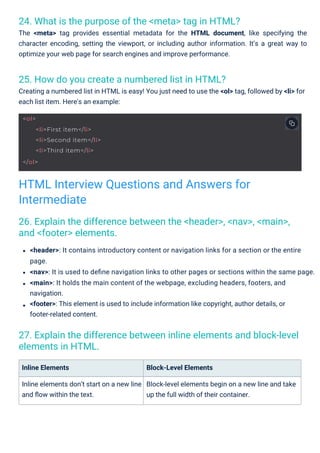 25. How do you create a numbered list in HTML?
Creating a numbered list in HTML is easy! You just need to use the <ol> tag, followed by <li> for
each list item. Here's an example:
24. What is the purpose of the <meta> tag in HTML?
The <meta> tag provides essential metadata for the HTML document, like specifying the
character encoding, setting the viewport, or including author information. It’s a great way to
optimize your web page for search engines and improve performance.
26. Explain the difference between the <header>, <nav>, <main>,
and <footer> elements.
27. Explain the difference between inline elements and block-level
elements in HTML.
Inline Elements
Inline elements don’t start on a new line
and ﬂow within the text.
Block-Level Elements
Block-level elements begin on a new line and take
up the full width of their container.
<header>: It contains introductory content or navigation links for a section or the entire
page.
<nav>: It is used to deﬁne navigation links to other pages or sections within the same page.
<main>: It holds the main content of the webpage, excluding headers, footers, and
navigation.
<footer>: This element is used to include information like copyright, author details, or
footer-related content.
HTML Interview Questions and Answers for
Intermediate
<ol>
<li>First item</li>
<li>Second item</li>
<li>Third item</li>
</ol>
 