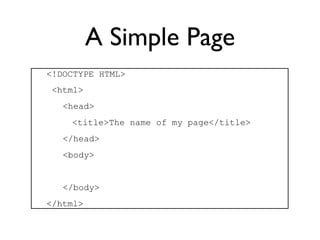 A Simple Page
<!DOCTYPE HTML>
 <html>
   <head>
    <title>The name of my page</title>
   </head>
   <body>


   </body>
</html>
 