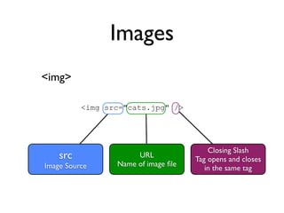 Images
<img>

          <img src="cats.jpg" />




                                         Closing Slash
    src               URL
                                     Tag opens and closes
Image Source     Name of image ﬁle
                                        in the same tag
 