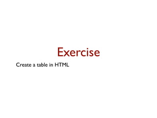 Exercise
Create a table in HTML
 
