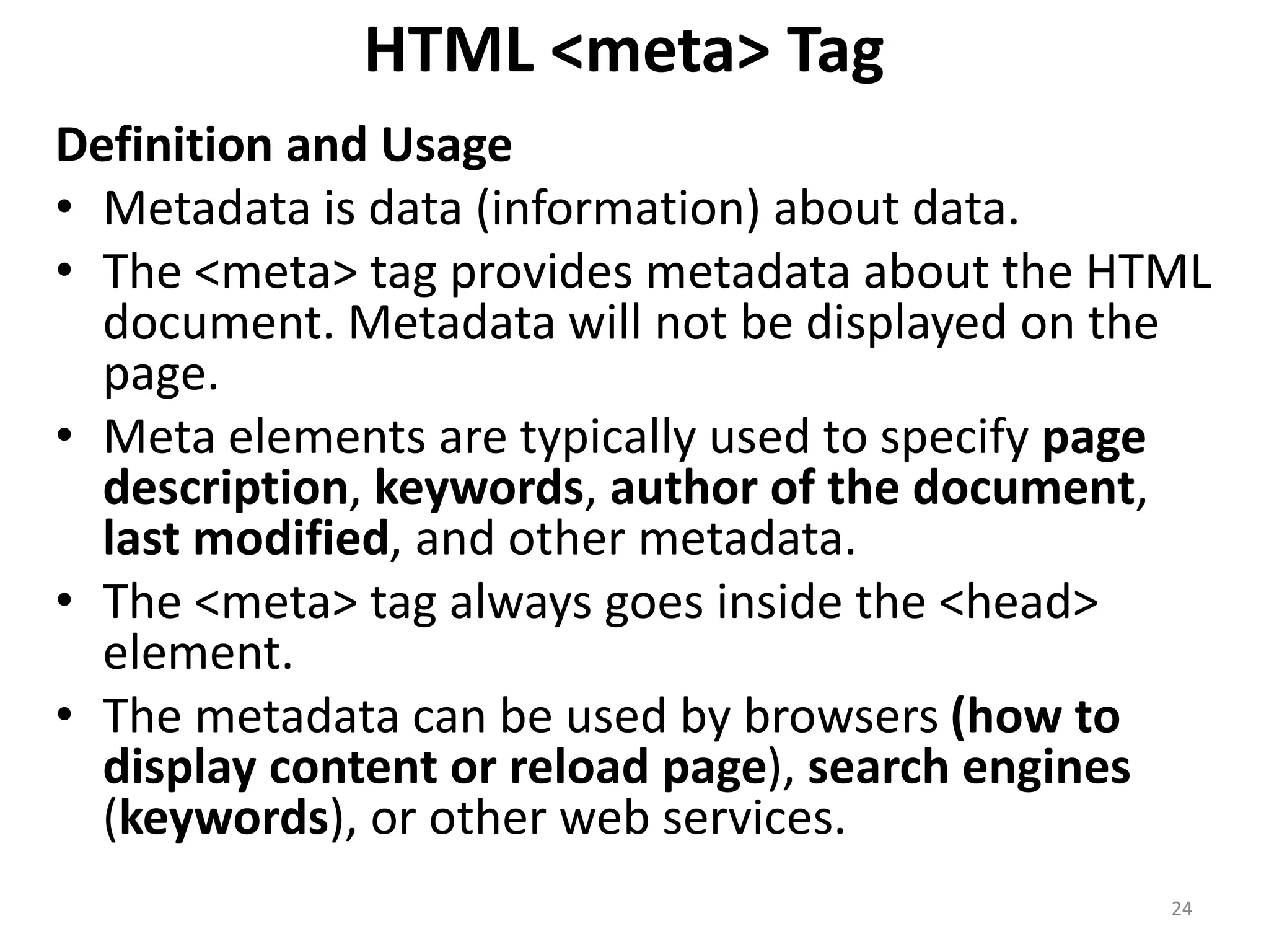 ORDERED LIST
<html>
<body>
<h4>An Ordered List:</h4>
<ol>
<li>Coffee</li>
<li>Tea</li>
<li>Milk</li>
</ol>
</body>
</html>
<html>
<body>
<h4>An Unordered List:</h4>
<ul>
<li>Coffee</li>
<li>Tea</li>
<li>Milk</li>
</ul>
</body>
</html>
UNORDERED LIST
1 2
 