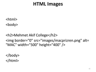 HTML Links
<html>
<body>
<p><a href="http://www.google.com/">Visit
Google</a> </p>
<p>
<a href="http://www.google.com/" target="_blank“
> Visit Google!</a>
</p>
</body>
</html>
19
 