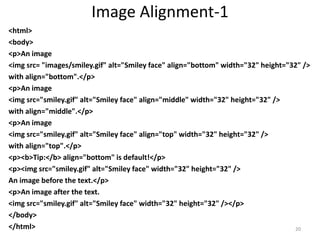 HTML Images
<html>
<body>
<h2>Mehmet Akif College Prizren</h2>
<img border="0" src="images/mac.jpg" alt= “MAC"
width= " 500" height= "400" />
</body>
</html>
20
 