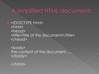  <!DOCTYPE html>
<html>
<head>
<title>Title of the document</title>
</head>
<body>
The content of the document......
</body>
</html>
 
