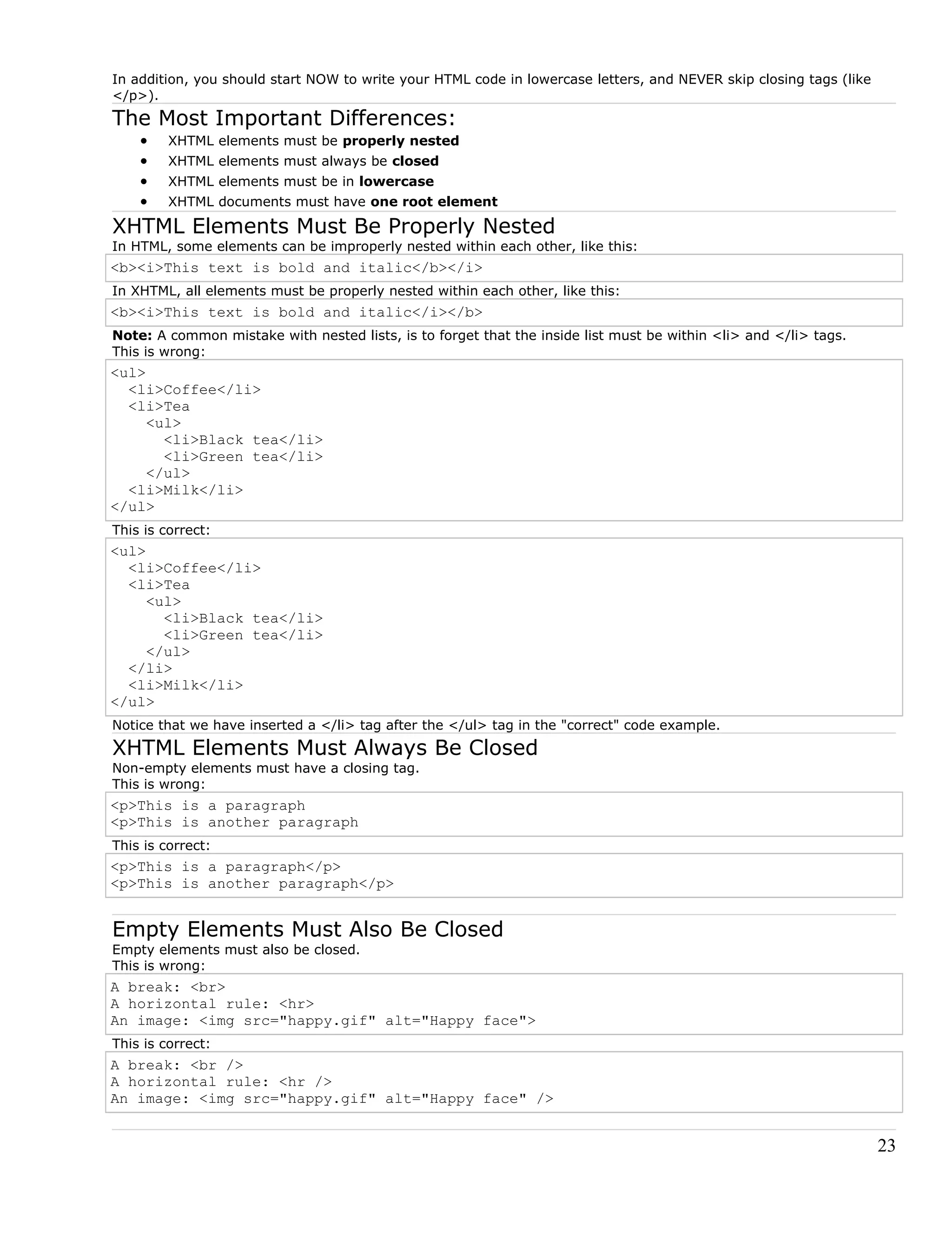 In addition, you should start NOW to write your HTML code in lowercase letters, and NEVER skip closing tags (like
</p>).
The Most Important Differences:
• XHTML elements must be properly nested
• XHTML elements must always be closed
• XHTML elements must be in lowercase
• XHTML documents must have one root element
XHTML Elements Must Be Properly Nested
In HTML, some elements can be improperly nested within each other, like this:
<b><i>This text is bold and italic</b></i>
In XHTML, all elements must be properly nested within each other, like this:
<b><i>This text is bold and italic</i></b>
Note: A common mistake with nested lists, is to forget that the inside list must be within <li> and </li> tags.
This is wrong:
<ul>
<li>Coffee</li>
<li>Tea
<ul>
<li>Black tea</li>
<li>Green tea</li>
</ul>
<li>Milk</li>
</ul>
This is correct:
<ul>
<li>Coffee</li>
<li>Tea
<ul>
<li>Black tea</li>
<li>Green tea</li>
</ul>
</li>
<li>Milk</li>
</ul>
Notice that we have inserted a </li> tag after the </ul> tag in the "correct" code example.
XHTML Elements Must Always Be Closed
Non-empty elements must have a closing tag.
This is wrong:
<p>This is a paragraph
<p>This is another paragraph
This is correct:
<p>This is a paragraph</p>
<p>This is another paragraph</p>
Empty Elements Must Also Be Closed
Empty elements must also be closed.
This is wrong:
A break: <br>
A horizontal rule: <hr>
An image: <img src="happy.gif" alt="Happy face">
This is correct:
A break: <br />
A horizontal rule: <hr />
An image: <img src="happy.gif" alt="Happy face" />
23
 