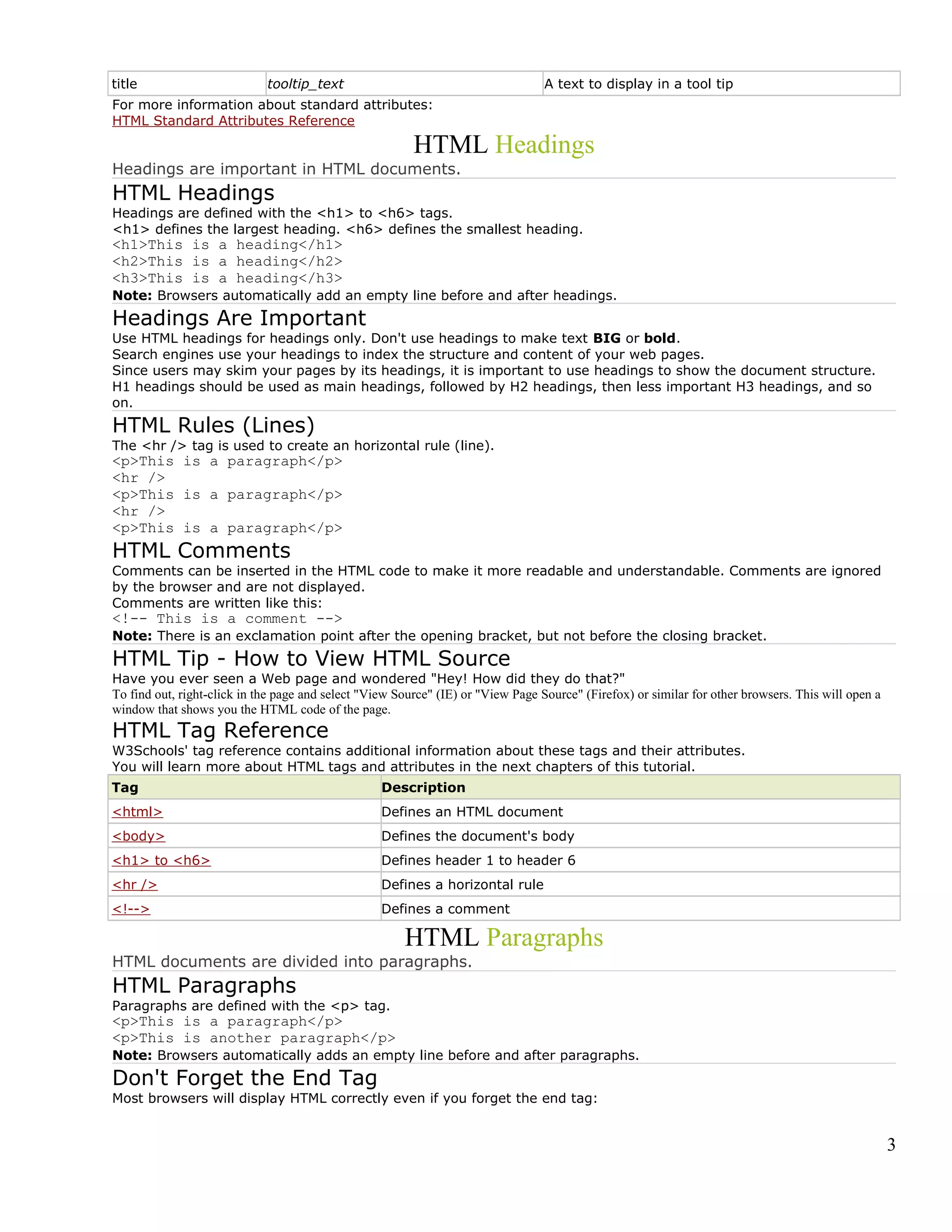 title tooltip_text A text to display in a tool tip
For more information about standard attributes:
HTML Standard Attributes Reference
HTML Headings
Headings are important in HTML documents.
HTML Headings
Headings are defined with the <h1> to <h6> tags.
<h1> defines the largest heading. <h6> defines the smallest heading.
<h1>This is a heading</h1>
<h2>This is a heading</h2>
<h3>This is a heading</h3>
Note: Browsers automatically add an empty line before and after headings.
Headings Are Important
Use HTML headings for headings only. Don't use headings to make text BIG or bold.
Search engines use your headings to index the structure and content of your web pages.
Since users may skim your pages by its headings, it is important to use headings to show the document structure.
H1 headings should be used as main headings, followed by H2 headings, then less important H3 headings, and so
on.
HTML Rules (Lines)
The <hr /> tag is used to create an horizontal rule (line).
<p>This is a paragraph</p>
<hr />
<p>This is a paragraph</p>
<hr />
<p>This is a paragraph</p>
HTML Comments
Comments can be inserted in the HTML code to make it more readable and understandable. Comments are ignored
by the browser and are not displayed.
Comments are written like this:
<!-- This is a comment -->
Note: There is an exclamation point after the opening bracket, but not before the closing bracket.
HTML Tip - How to View HTML Source
Have you ever seen a Web page and wondered "Hey! How did they do that?"
To find out, right-click in the page and select "View Source" (IE) or "View Page Source" (Firefox) or similar for other browsers. This will open a
window that shows you the HTML code of the page.
HTML Tag Reference
W3Schools' tag reference contains additional information about these tags and their attributes.
You will learn more about HTML tags and attributes in the next chapters of this tutorial.
Tag Description
<html> Defines an HTML document
<body> Defines the document's body
<h1> to <h6> Defines header 1 to header 6
<hr /> Defines a horizontal rule
<!--> Defines a comment
HTML Paragraphs
HTML documents are divided into paragraphs.
HTML Paragraphs
Paragraphs are defined with the <p> tag.
<p>This is a paragraph</p>
<p>This is another paragraph</p>
Note: Browsers automatically adds an empty line before and after paragraphs.
Don't Forget the End Tag
Most browsers will display HTML correctly even if you forget the end tag:
3
 