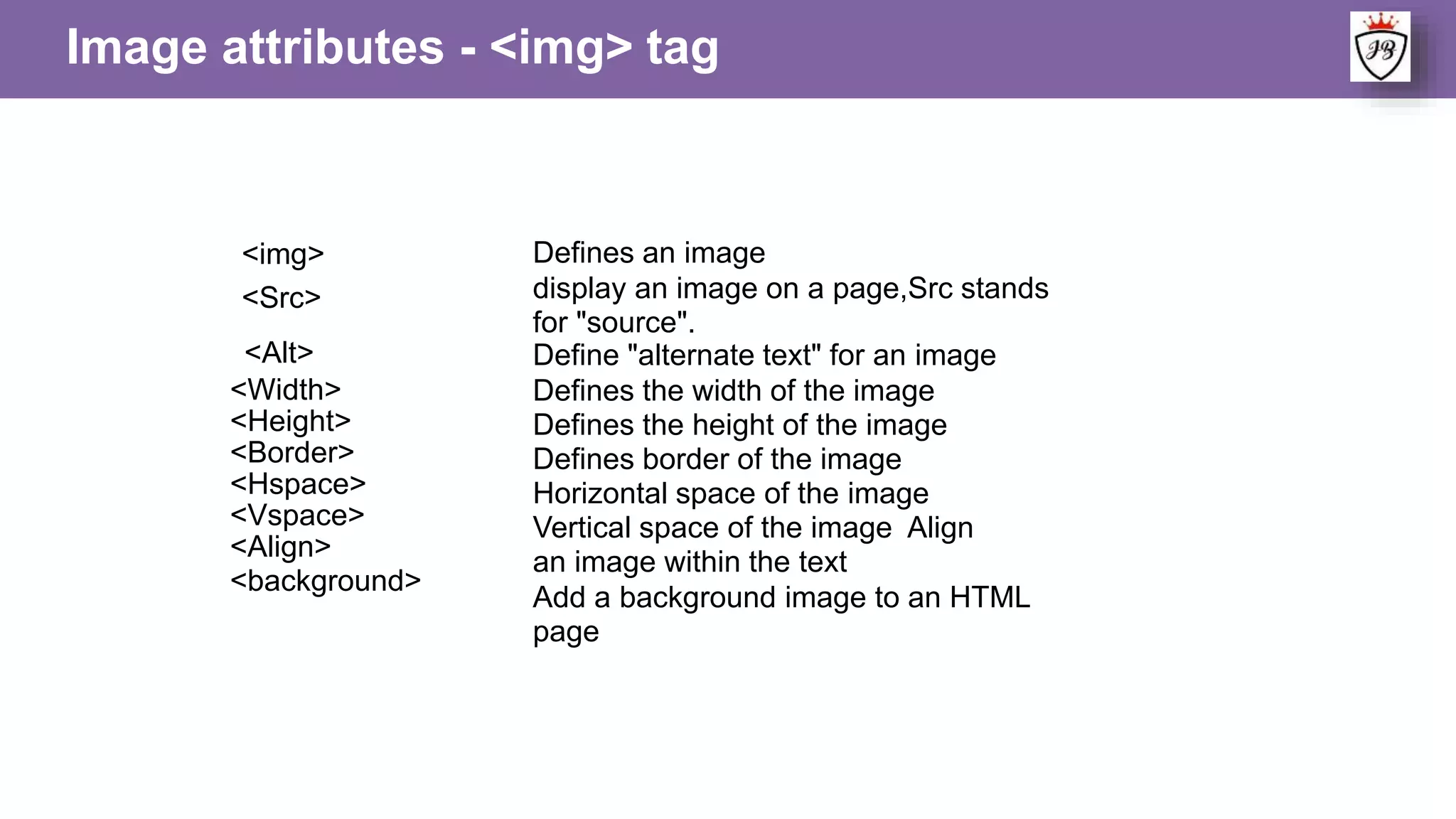 <img>
<Src>
<Alt>
<Width>
<Height>
<Border>
<Hspace>
<Vspace>
<Align>
<background>
Defines an image
display an image on a page,Src stands
for "source".
Define "alternate text" for an image
Defines the width of the image
Defines the height of the image
Defines border of the image
Horizontal space of the image
Vertical space of the image Align
an image within the text
Add a background image to an HTML
page
Image attributes - <img> tag
 