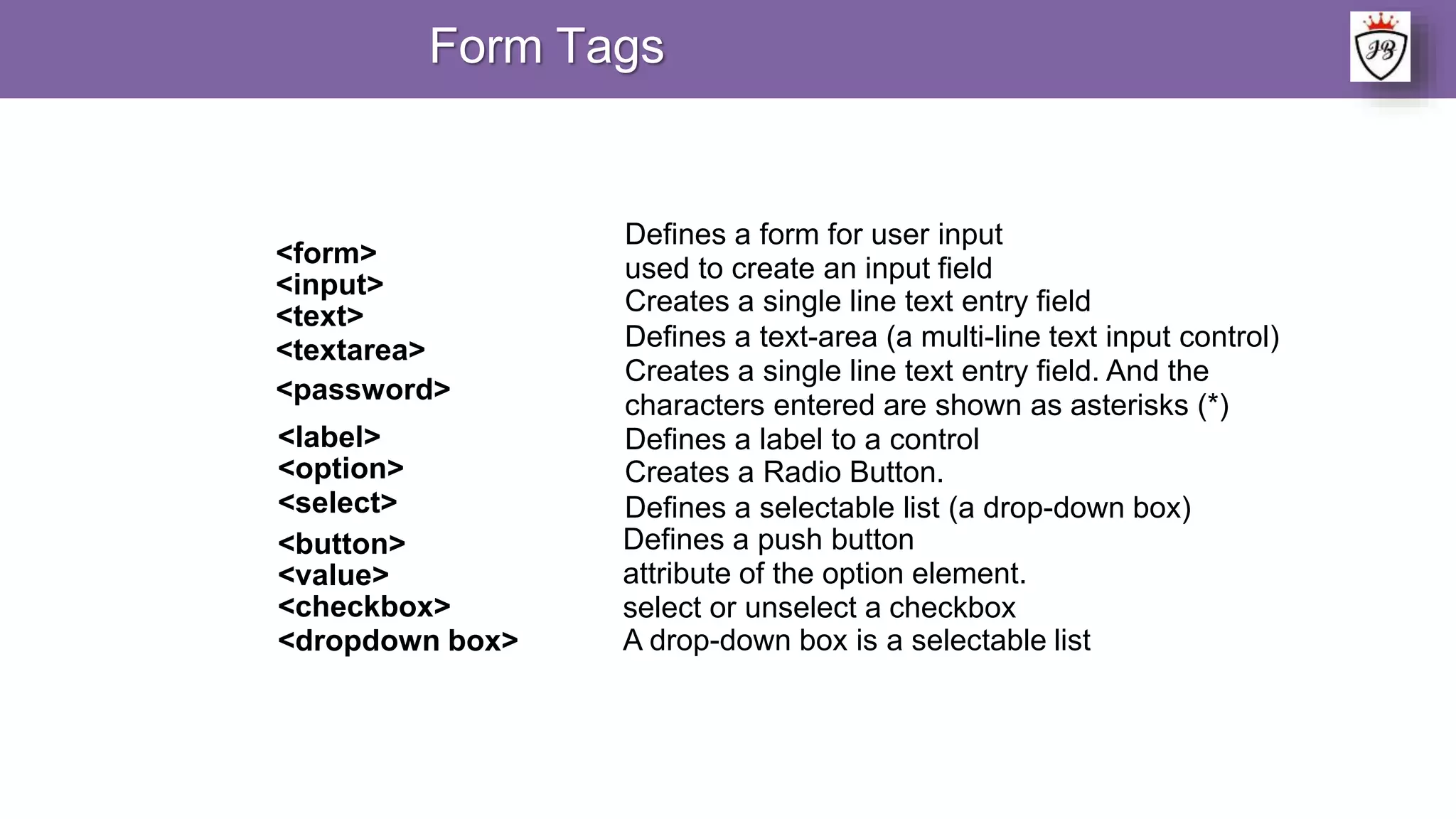 <form>
<input>
<text>
<textarea>
<password>
<label>
<option>
<select>
<button>
<value>
<checkbox>
<dropdown box>
Defines a form for user input
used to create an input field
Creates a single line text entry field
Defines a text-area (a multi-line text input control)
Creates a single line text entry field. And the
characters entered are shown as asterisks (*)
Defines a label to a control
Creates a Radio Button.
Defines a selectable list (a drop-down box)
Defines a push button
attribute of the option element.
select or unselect a checkbox
A drop-down box is a selectable list
Form Tags
 