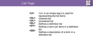 List Tags
<LI>
<OL>
<UL>
<DL>
<DT>
<DD>
<LI> is an empty tag,it is used for
representing the list items
Ordered list
Unordered list
Defines a definition list
Defines a term (an item) in a definition
list
Defines a description of a term in a
definition list
 