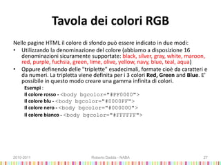 Tavola dei colori RGB
Nelle pagine HTML il colore di sfondo può essere indicato in due modi:
• Utilizzando la denominazione del colore (abbiamo a disposizione 16
denominazioni sicuramente supportate: black, silver, gray, white, maroon,
red, purple, fuchsia, green, lime, olive, yellow, navy, blue, teal, aqua)
• Oppure definendo delle "triplette" esadecimali, formate cioè da caratteri e
da numeri. La tripletta viene definita per i 3 colori Red, Green and Blue. E'
possibile in questo modo creare una gamma infinita di colori.
Esempi :
Il colore rosso - <body bgcolor="#FF0000">
Il colore blu - <body bgcolor="#0000FF">
Il colore nero - <body bgcolor="#000000">
Il colore bianco - <body bgcolor="#FFFFFF">
2010-2011 Roberto Dadda - NABA 27
 