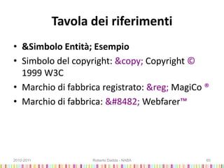 Tavola dei riferimenti
• &Simbolo Entità; Esempio
• Simbolo del copyright: &copy; Copyright ©
1999 W3C
• Marchio di fabbrica registrato: &reg; MagiCo ®
• Marchio di fabbrica: ™ Webfarer™
2010-2011 Roberto Dadda - NABA 60
 