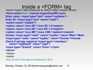 Inside a <FORM> tag <html><head><title>Welcome to JISCE</title></head><body> 
<form action=http://myhost:myport/myURI><pre> 
Enter name: <input type=“text” name=“myName”> 
Enter ID: <input type=“text” name=“myId”> 
<select name=“mySkill”> 
<option value=“Java SE”>Java SE 1.4</option> 
<option value=“Java EE”>Java EE 1.4</option> 
<option value=“Java ME”>Java 2 ME </option></select> 
Gender <input type=“radio” name=“mySex” value=“Male”>Male 
<input type=“radio” name=“mySex” value=“Female”>Female 
Check if already registerd <input type=“checkbox” 
name=“regStatus” value=“regd”> 
<input type=“Submit” value=“Done”></pre> 
</form> 
</body> 
</html> 
View At the Code above rendered in IE 6 
Monday, October 13, 2014sohamsengupta@yahoo.com 5 
 