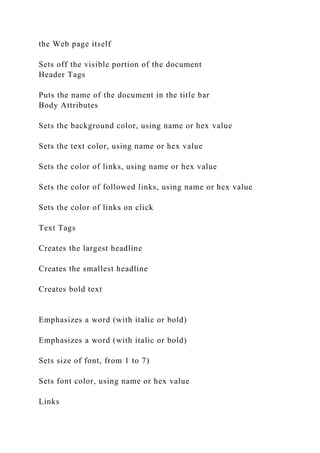 the Web page itself
Sets off the visible portion of the document
Header Tags
Puts the name of the document in the title bar
Body Attributes
Sets the background color, using name or hex value
Sets the text color, using name or hex value
Sets the color of links, using name or hex value
Sets the color of followed links, using name or hex value
Sets the color of links on click
Text Tags
Creates the largest headline
Creates the smallest headline
Creates bold text
Emphasizes a word (with italic or bold)
Emphasizes a word (with italic or bold)
Sets size of font, from 1 to 7)
Sets font color, using name or hex value
Links
 