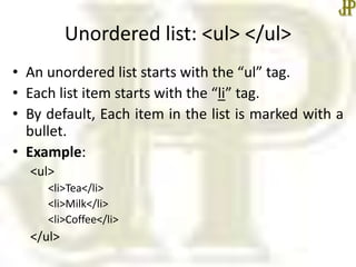Html link and list tags | PPTX | Web Design and HTML | Internet