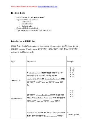 You can download this document from www.besthinditutorials.com
HTML lists
 Introduction to HTML lists in Hindi
 Types of HTML list in Hindi
o Ordered list
o Unordered list
o Definition list
 Creating HTML lists in Hindi
 Type attribute with ordered HTML list in Hindi
Introduction to HTML lists
HTML आप information lists represent Lists
आप प webpage well ordered HTML आप 3 list
Type Explanation Example
Ordered-List
list ordered form list
आप ई order
numbers(1,2,3,4,5) औ alphabets(a,b,c,d,e,f) आ
list आप <ol> tag create
1. A
2. B
3. C
4. D
5. E
Unordered-List
list unordered form
list items bullets represent
list आप <ul> tag create
 a
 b
 c
 d
Definition list प आप ए list item define
औ definition provide
A
First Alphabet.
 