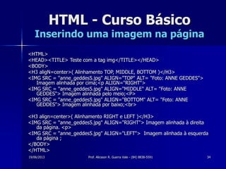 19/06/2013 Prof. Alicsson R. Guerra Vale - (84) 8838-5591 34
HTML - Curso Básico
Inserindo uma imagem na página
<HTML>
<HEAD><TITLE> Teste com a tag img</TITLE></HEAD>
<BODY>
<H3 aligN=center>( Alinhamento TOP, MIDDLE, BOTTOM )</H3>
<IMG SRC = "anne_geddes5.jpg" ALIGN="TOP" ALT= "Foto: ANNE GEDDES">
Imagem alinhada por cima;<p ALIGN="RIGHT">
<IMG SRC = "anne_geddes5.jpg" ALIGN="MIDDLE" ALT= "Foto: ANNE
GEDDES"> Imagem alinhada pelo meio;<P>
<IMG SRC = "anne_geddes5.jpg" ALIGN="BOTTOM" ALT= "Foto: ANNE
GEDDES"> Imagem alinhada por baixo;<br>
<H3 align=center>( Alinhamento RIGHT e LEFT )</H3>
<IMG SRC = "anne_geddes5.jpg" ALIGN="RIGHT"> Imagem alinhada à direita
da página. <p>
<IMG SRC = "anne_geddes5.jpg" ALIGN="LEFT"> Imagem alinhada à esquerda
da página ;
</BODY>
</HTML>
 