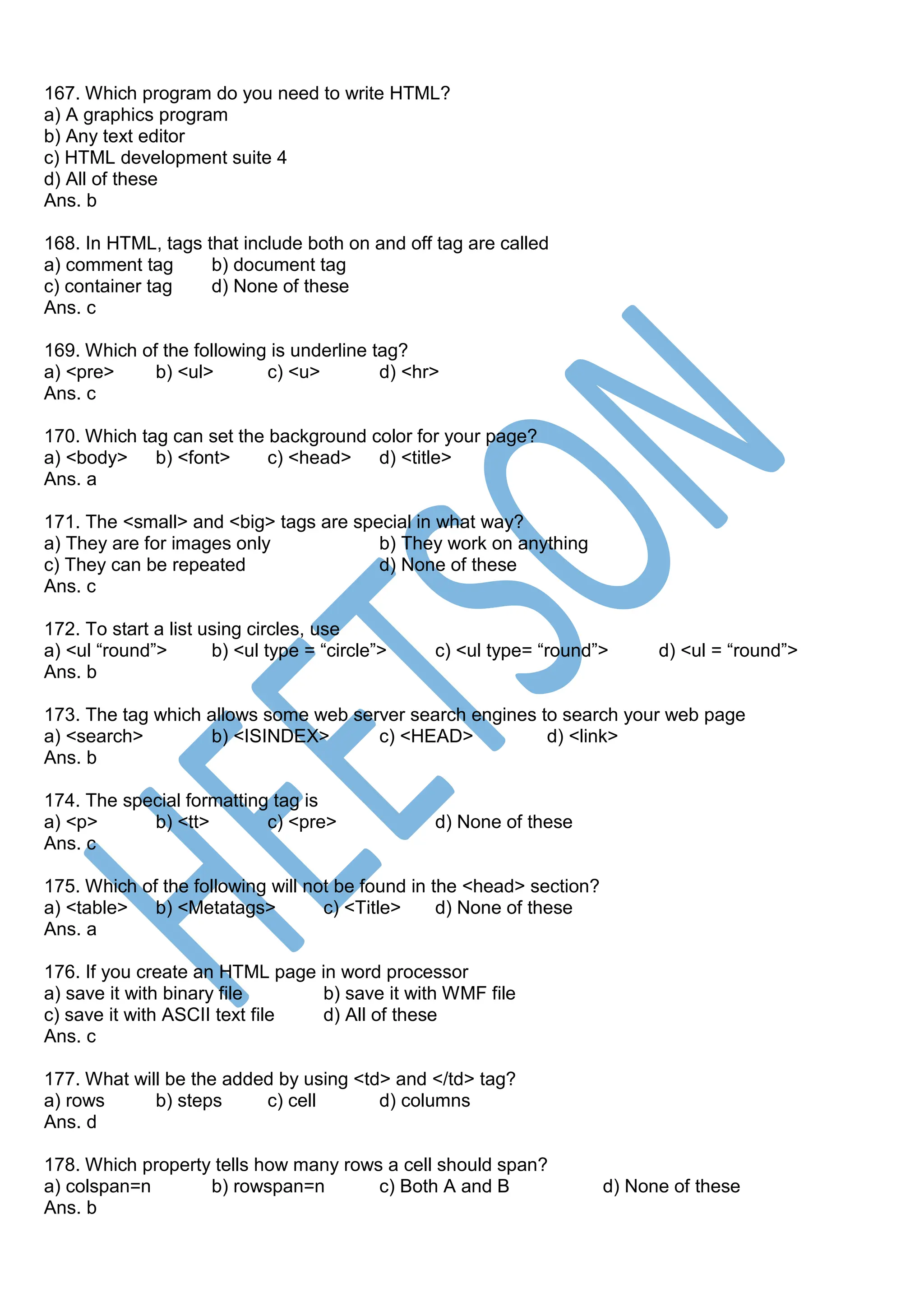 HTML MCQ Objective Questions and Answers | PDF