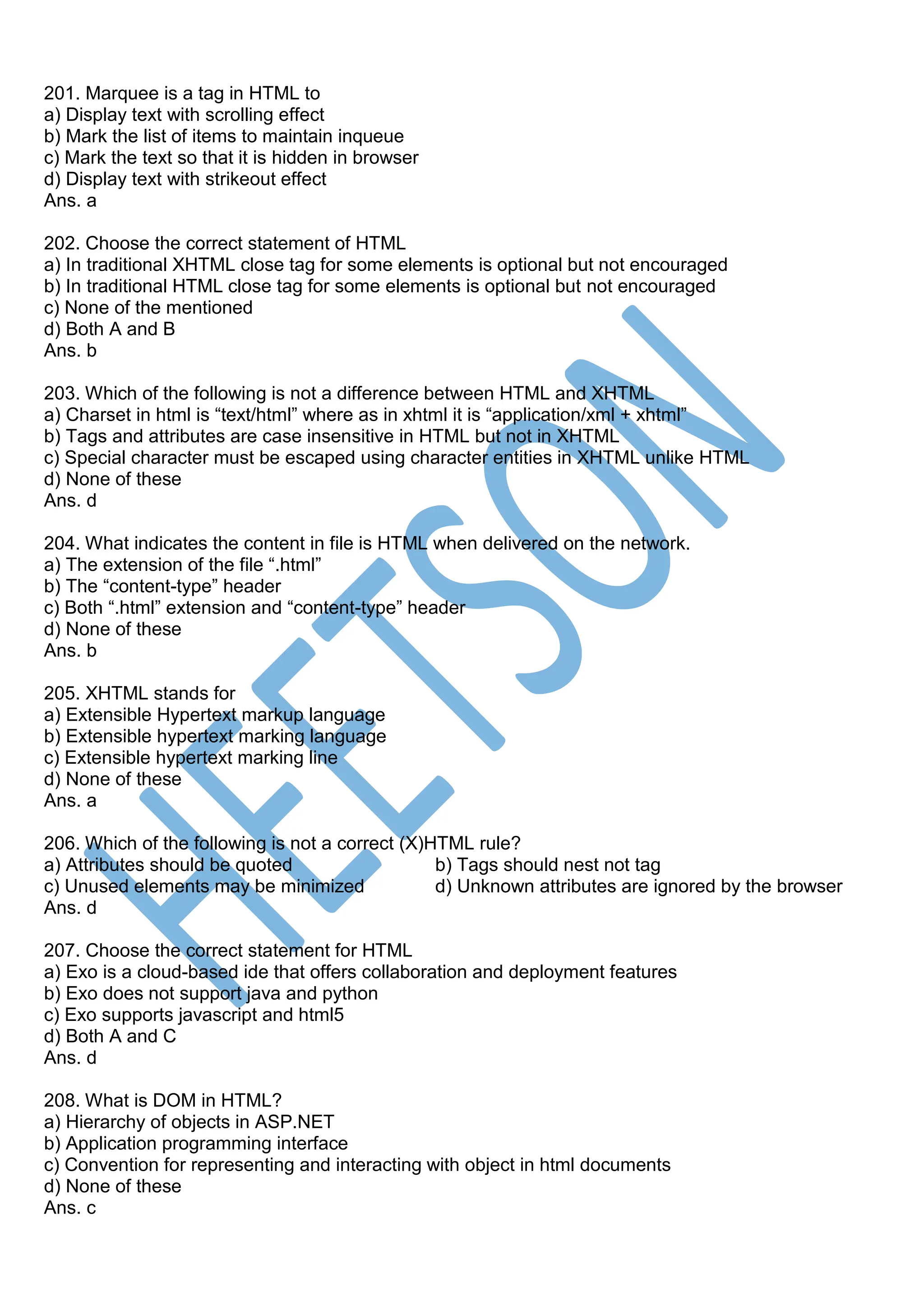 HTML MCQ Objective Questions and Answers | PDF