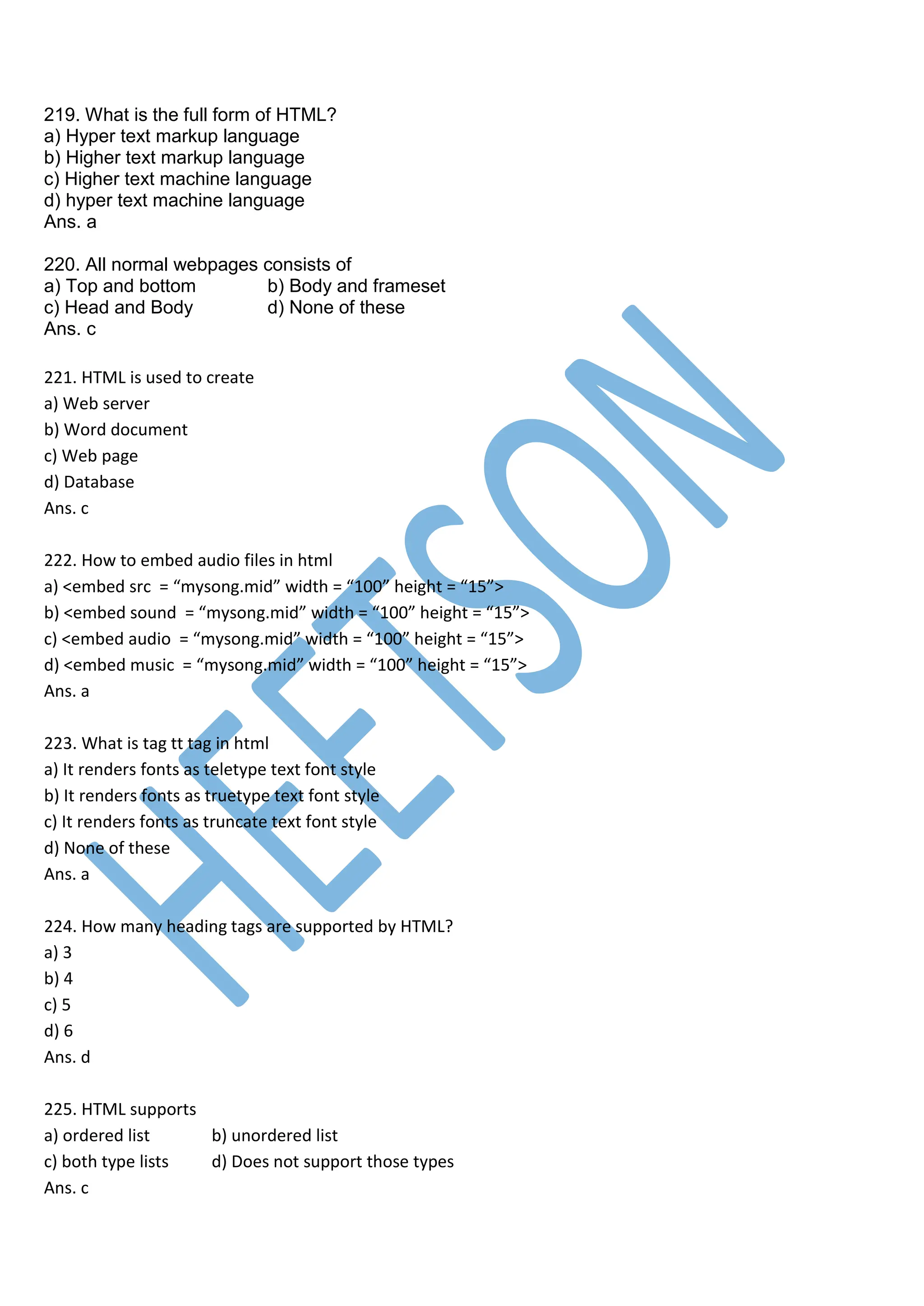 HTML MCQ Objective Questions and Answers | PDF
