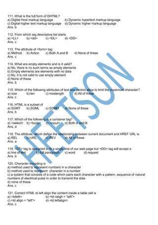 HTML MCQ Objective Questions and Answers | PDF