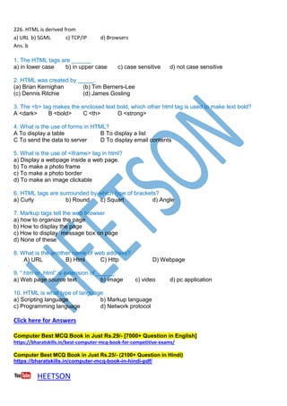 HTML MCQ Objective Questions and Answers | PDF