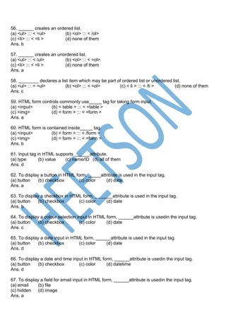 HTML MCQ Objective Questions and Answers | PDF