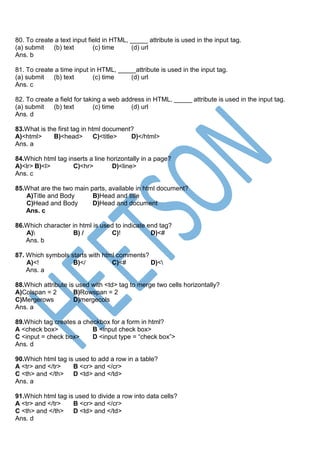 HTML MCQ Objective Questions and Answers | PDF