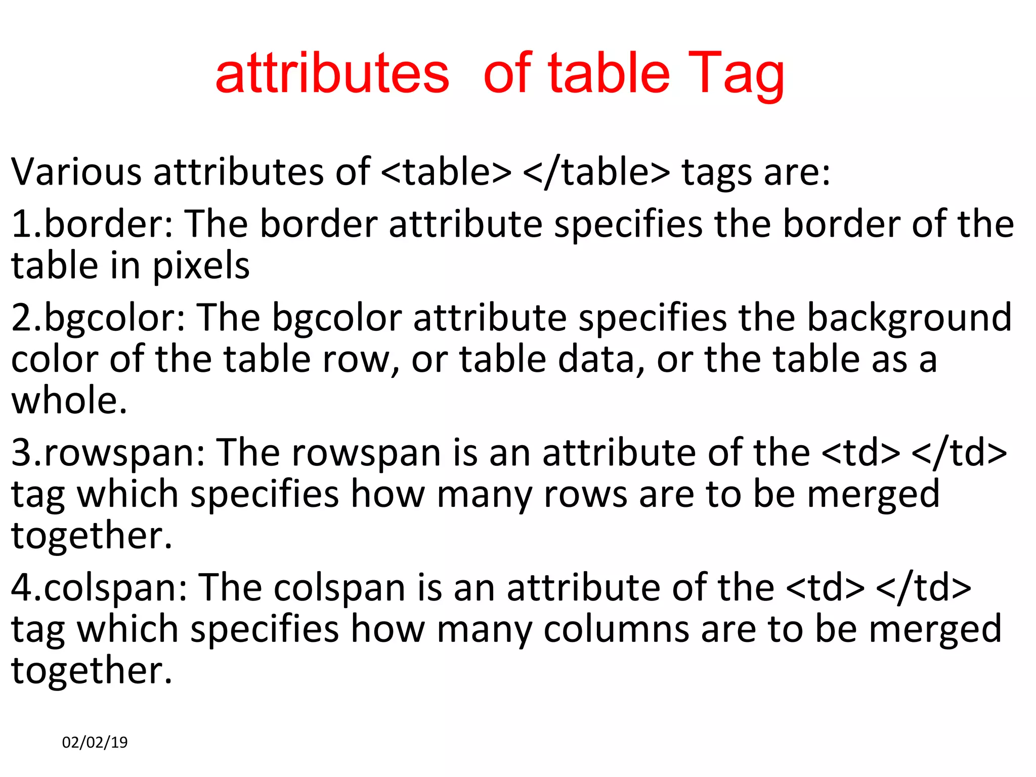 attributes of table Tag
Various attributes of <table> </table> tags are:
1.border: The border attribute specifies the border of the
table in pixels
2.bgcolor: The bgcolor attribute specifies the background
color of the table row, or table data, or the table as a
whole.
3.rowspan: The rowspan is an attribute of the <td> </td>
tag which specifies how many rows are to be merged
together.
4.colspan: The colspan is an attribute of the <td> </td>
tag which specifies how many columns are to be merged
together.
02/02/19
 
