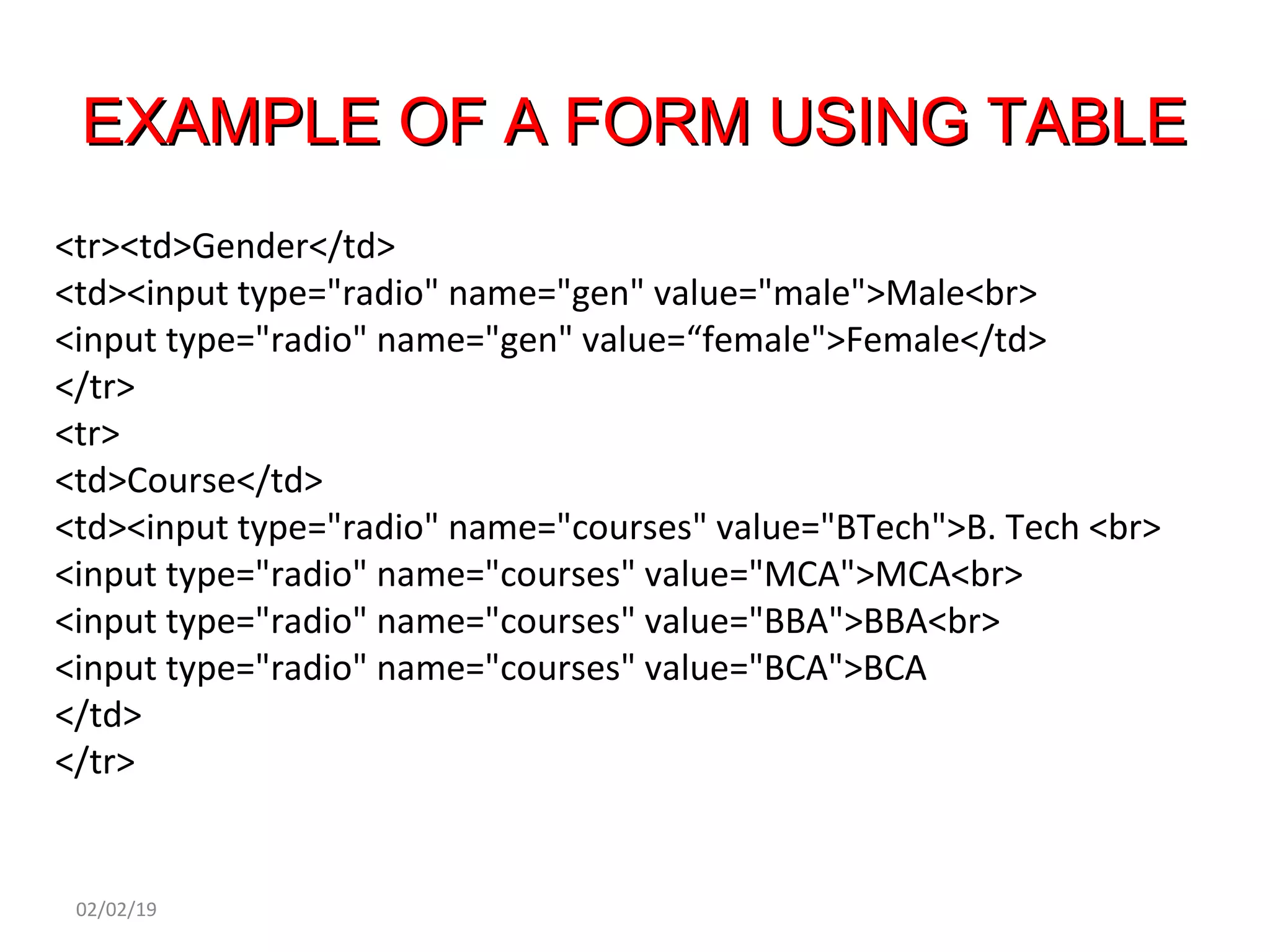 EXAMPLE OF A FORM USING TABLEEXAMPLE OF A FORM USING TABLE
<tr><td>Gender</td>
<td><input type="radio" name="gen" value="male">Male<br>
<input type="radio" name="gen" value=“female">Female</td>
</tr>
<tr>
<td>Course</td>
<td><input type="radio" name="courses" value="BTech">B. Tech <br>
<input type="radio" name="courses" value="MCA">MCA<br>
<input type="radio" name="courses" value="BBA">BBA<br>
<input type="radio" name="courses" value="BCA">BCA
</td>
</tr>
02/02/19
 