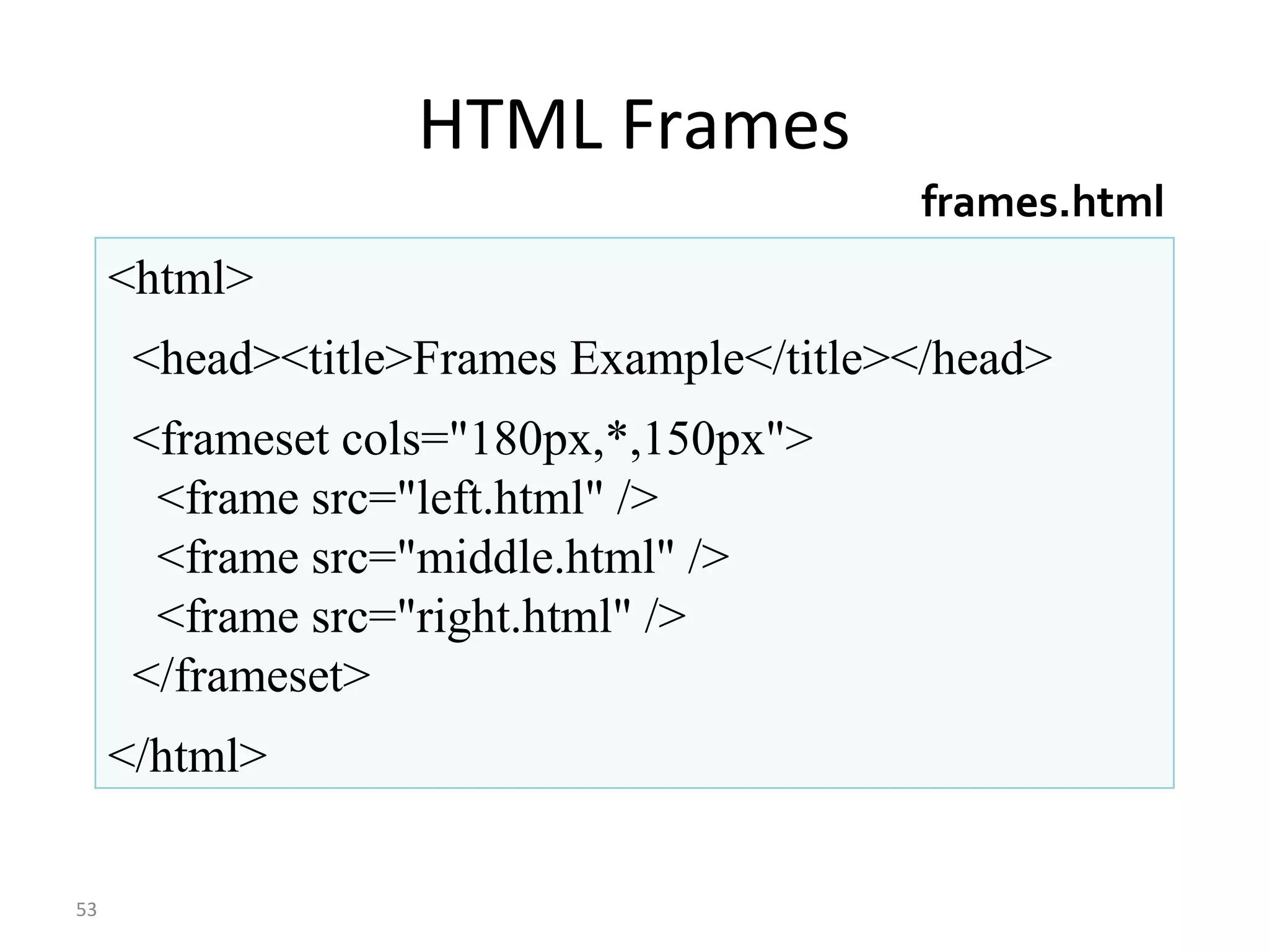 HTML Frames
53
<html>
<head><title>Frames Example</title></head>
<frameset cols="180px,*,150px">
<frame src="left.html" />
<frame src="middle.html" />
<frame src="right.html" />
</frameset>
</html>
frames.html
 