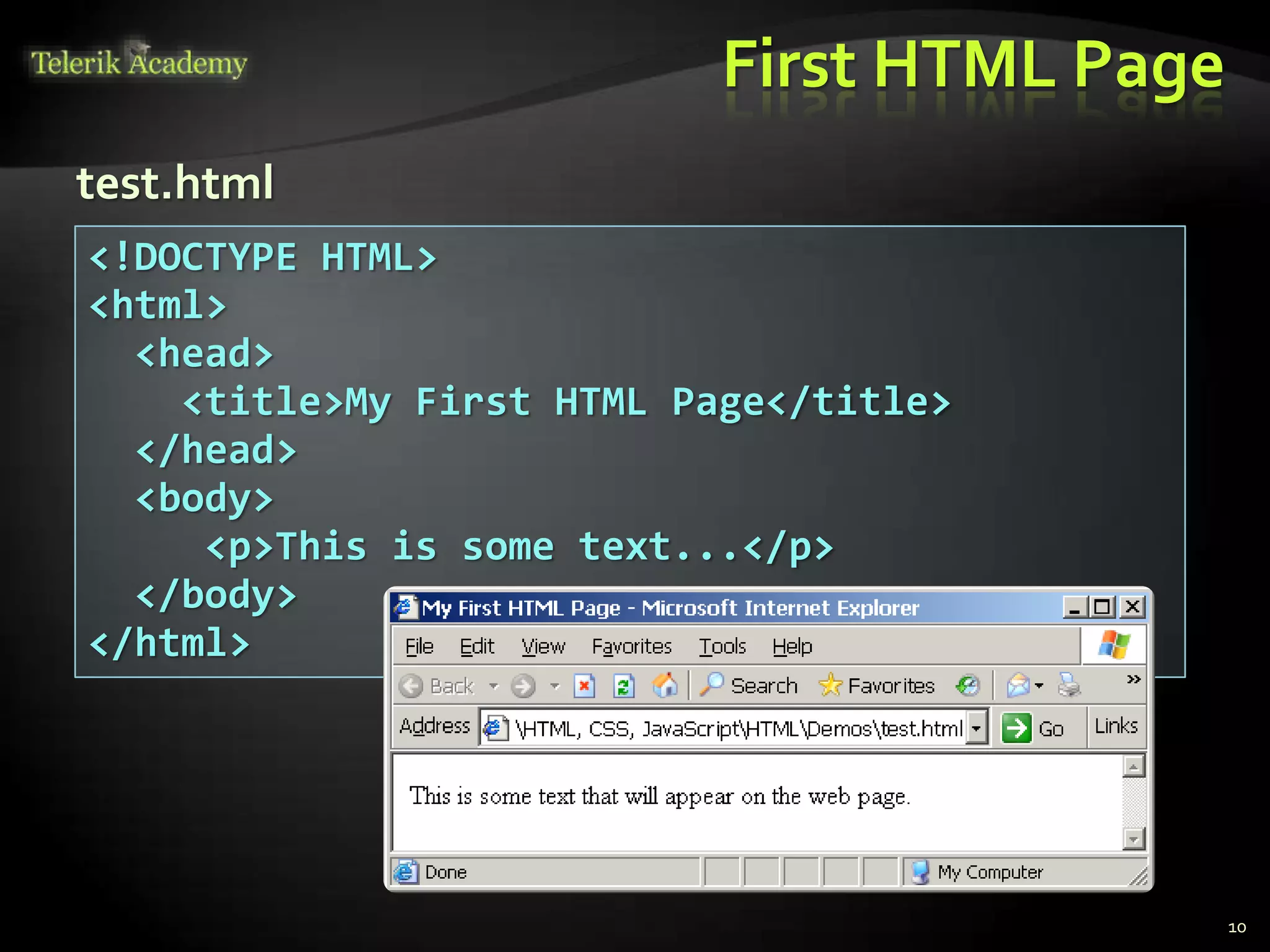 First HTML Page
10
<!DOCTYPE HTML>
<html>
<head>
<title>My First HTML Page</title>
</head>
<body>
<p>This is some text...</p>
</body>
</html>
test.html
 